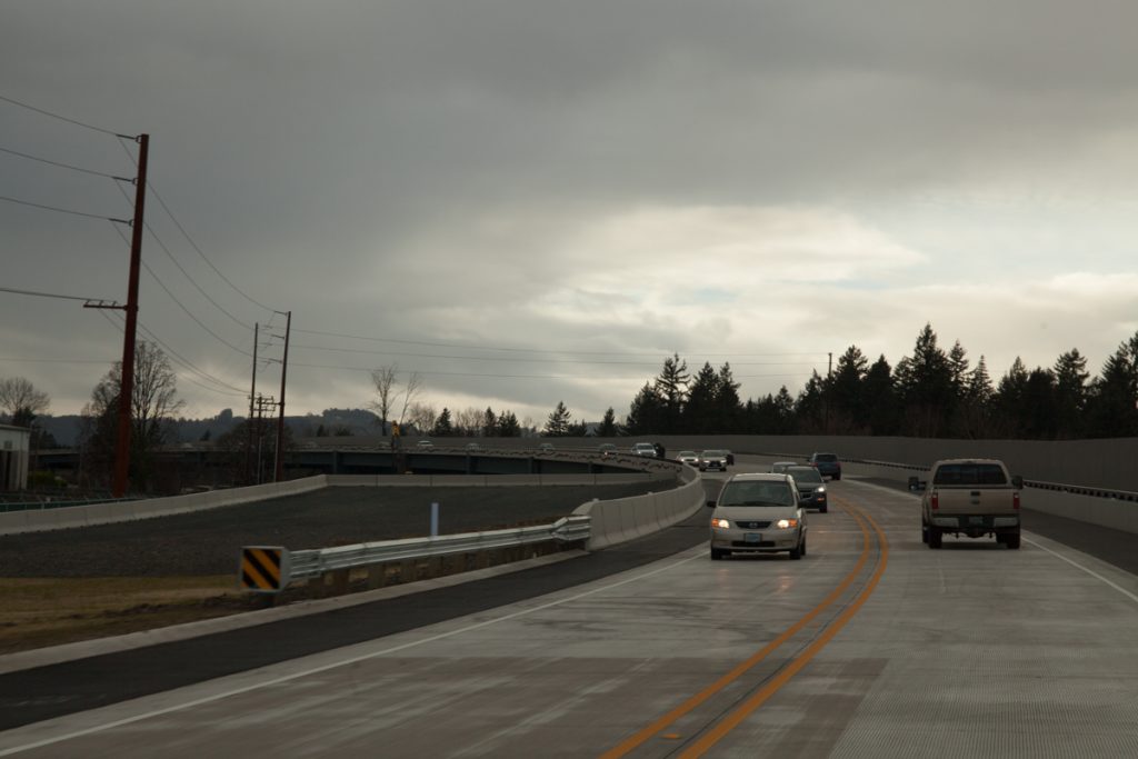 Approaching the viaduct portion of the bypass. A landing for the future eastbound lanes can be seen on the left.