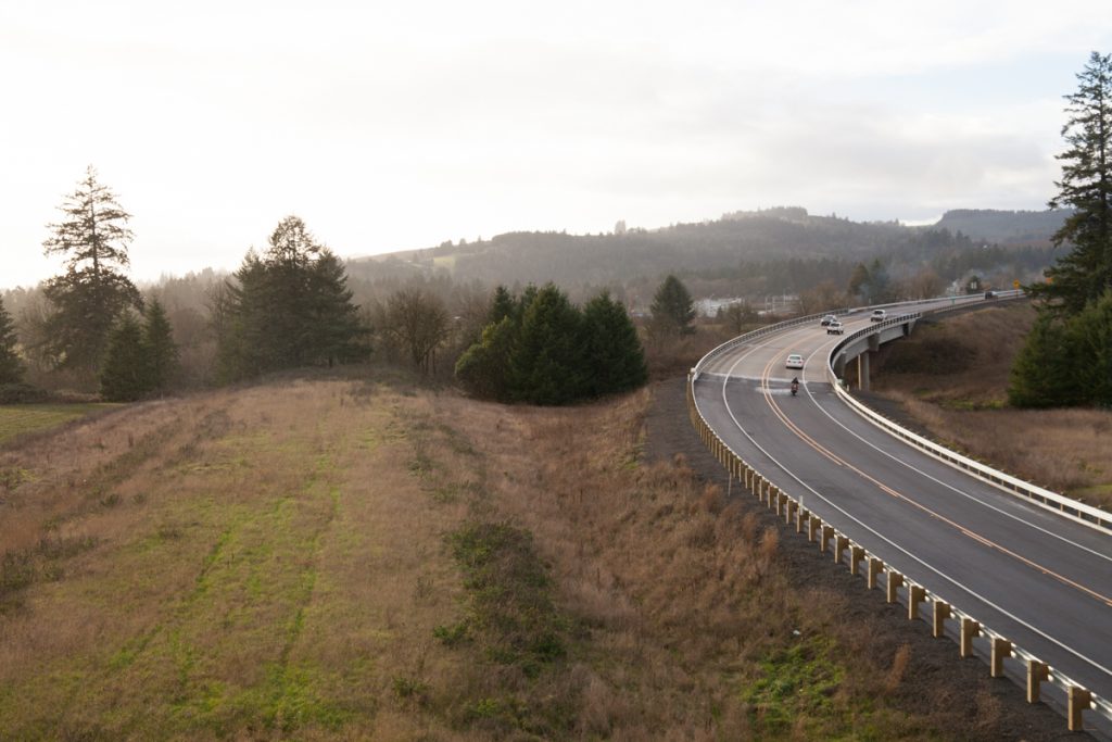 Looking south/westbound as the bypass curves rightward towards Dundee. This also shows the right-of-way for the future eastbound lanes on the left as they disappear into a grove of trees.
