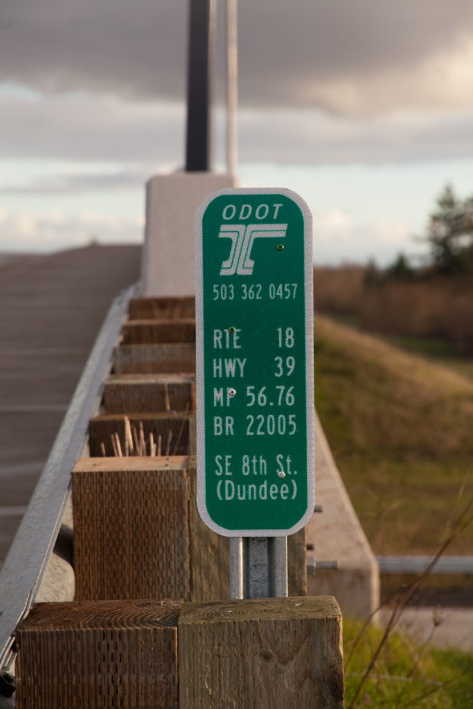 The ODOT bridge inventory marker. The "(Dundee)" looks a bit strange. However, I'm guessing this is to differentiate it from the 8th Street overpass on OR-18 in Dayton. Interesting coincidence.